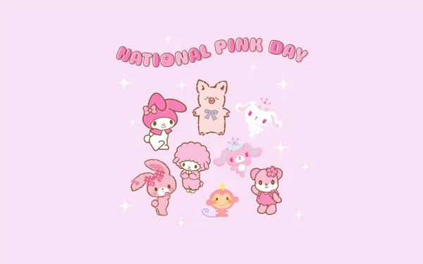 HD desktop wallpaper celebrating National Pink Day featuring cute Sanrio characters including My Melody and Cinnamoroll with a soft pink background.