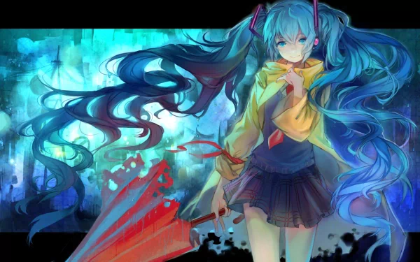 HD desktop wallpaper featuring Anime character Hatsune Miku, a Vocaloid, with long blue hair, a yellow jacket, and a cityscape background with vibrant blue and green hues.