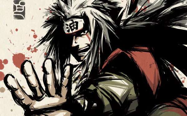 Stylized 4K Ultra HD anime wallpaper featuring Jiraiya from Naruto in dynamic pose with bold brush strokes and red splatters on a textured background.