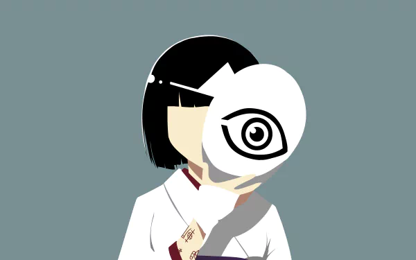 Minimalist HD wallpaper featuring Nora from Noragami. The anime character with black hair holds a mask with an eye symbol against a simple, muted background.