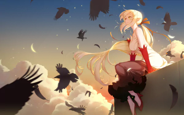An HD desktop wallpaper featuring Shinobu Oshino from Kizumonogatari, perched on a ledge at sunset, with long blonde hair, yellow eyes, wearing a skirt, high heels, and gloves, surrounded by crows and clouds.