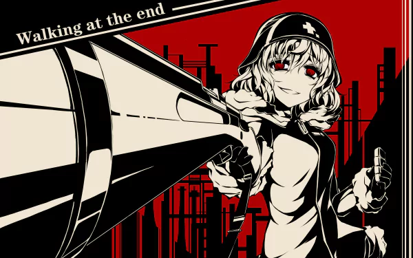 HD desktop wallpaper of Yuuri from Girls' Last Tour anime. The artwork features Yuuri against a red and black industrial background with the phrase Walking at the end.