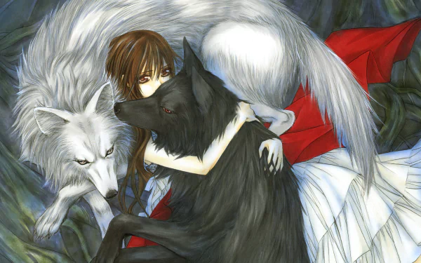 HD desktop wallpaper of Yuki Kuran/Yuki Cross from Vampire Knight, embracing a black and white wolf with a mysterious forest background.