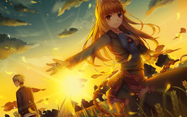 HD desktop wallpaper featuring Kraft Lawrence and Holo from the anime Spice and Wolf. The vibrant background displays a sunset with golden hues and flying petals in a field.
