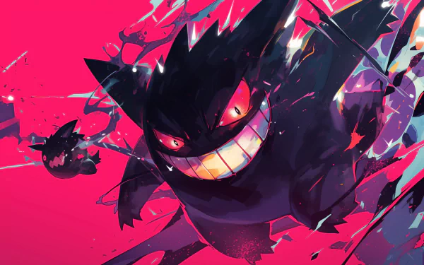 An HD desktop wallpaper featuring the Pokémon Gengar, with a dynamic, stylized depiction on a vibrant pink background.