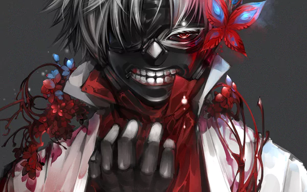 HD desktop wallpaper of Ken Kaneki from Tokyo Ghoul, showcasing an intense and dark anime artwork with vibrant colors and intricate details.