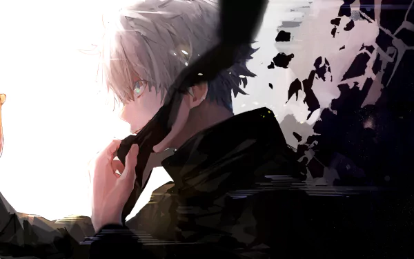 HD desktop wallpaper featuring Satoru Gojo from Jujutsu Kaisen, showcasing his blue eyes and white hair. The anime character is depicted in a dynamic pose, creating a striking background.