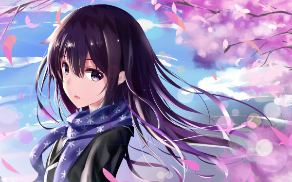 An anime character with purple eyes, long purple hair, and a blue scarf, stands amidst a backdrop of blossoming trees and a bright sky. This HD wallpaper features Yukino Yukinoshita from My Teen Romantic Comedy SNAFU.