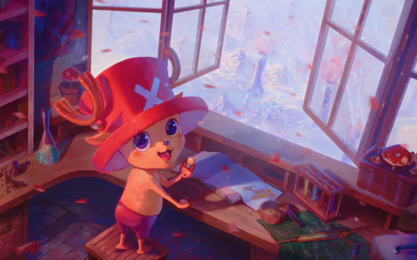Anime-style 4K Ultra HD wallpaper featuring Tony Tony Chopper from One Piece, standing by a window in a cozy room with a snowy landscape outside.