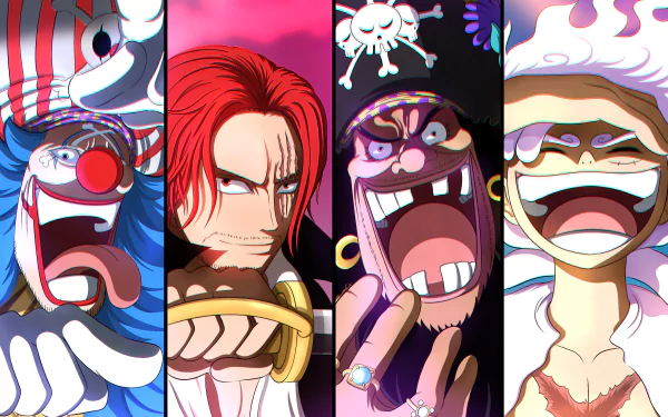 4K Ultra HD anime wallpaper featuring One Piece characters Gear 5 Monkey D. Luffy, Marshall D. Teach, Shanks, and Buggy in vibrant, dynamic close-up portraits.