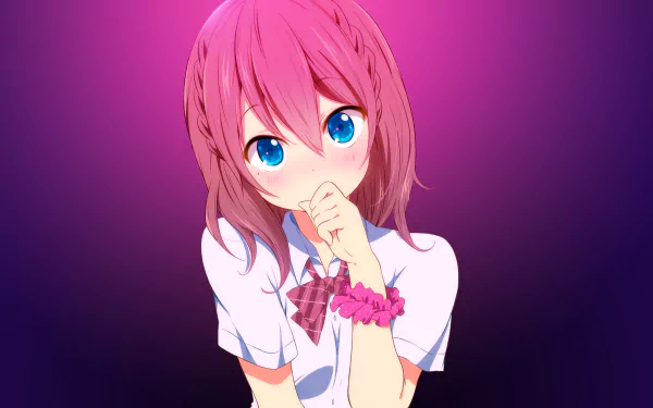 HD anime wallpaper featuring an original character with pink hair and blue eyes, playfully posing against a vibrant purple gradient background.