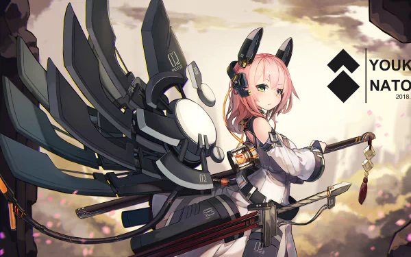 HD desktop wallpaper featuring an anime girl with pink hair, mechanical wings, and a sword in a sunset background. The artwork is tagged with Anime, girl, anime girl and displays Youk Nato 2018 text.