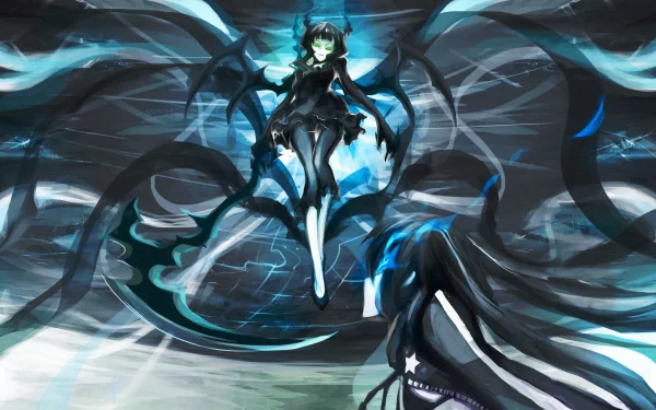 HD desktop wallpaper featuring Dead Master from Black Rock Shooter anime. Dramatic scene with dark, swirling energy and Dead Master on one side, another character on the opposite side.