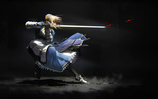 HD desktop wallpaper featuring Saber from Fate/Stay Night: Unlimited Blade Works. The anime character is captured mid-action, holding a glowing sword in a dynamic and dramatic pose.