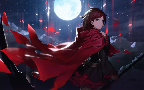 A stunning HD desktop wallpaper featuring Ruby Rose from the anime RWBY, standing under a bright full moon with red petals swirling around her in the night sky.