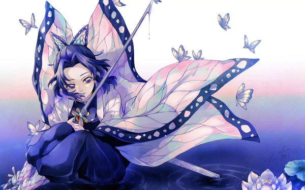 HD desktop wallpaper featuring Shinobu Kochou from Demon Slayer: Kimetsu no Yaiba, surrounded by butterflies against a serene backdrop.