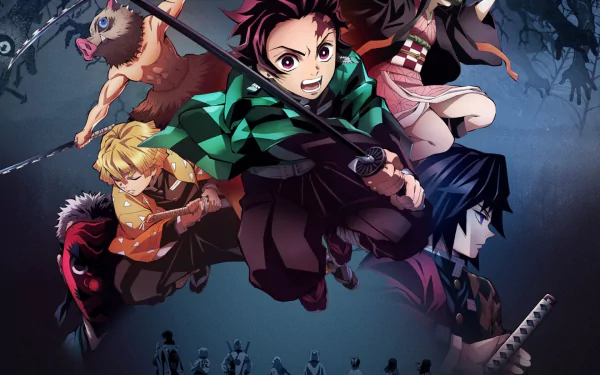 HD desktop wallpaper featuring Zenitsu Agatsuma, Giyuu Tomioka, Inosuke Hashibira, Nezuko Kamado, and Tanjiro Kamado from the anime Demon Slayer: Kimetsu no Yaiba, displaying a dynamic action scene.