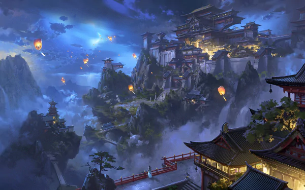 HD desktop wallpaper of a stunning anime landscape at night featuring a temple complex with glowing lanterns amidst misty, mountainous terrain.