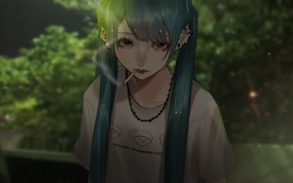 HD desktop wallpaper featuring Hatsune Miku from Vocaloid in an anime art style. Miku, with her signature long blue hair, stands against a nature background, surrounded by serene greenery.