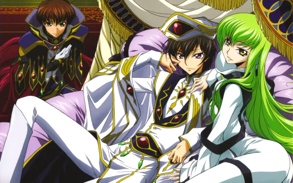 HD desktop wallpaper featuring Suzaku Kururugi, Lelouch Lamperouge, and C.C. from the anime Code Geass. Lelouch and C.C. are posed gracefully in elaborate outfits, with Suzaku in the background.