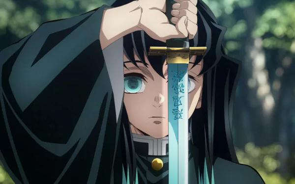 HD desktop wallpaper of Demon Slayer: Kimetsu no Yaiba, featuring an anime character with a focused expression, holding a sword with both hands in front of their face, set against a forest background.