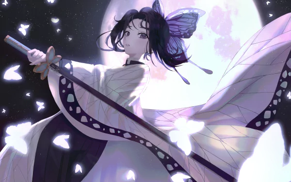 HD desktop wallpaper featuring Shinobu Kochou from Demon Slayer: Kimetsu no Yaiba, holding a sword with butterfly motifs against a moonlit backdrop. Butterflies surround her, enhancing the serene atmosphere.