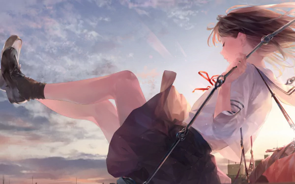 HD desktop wallpaper featuring an anime girl on a swing, set against a stunning sky backdrop. The image captures the girl's carefree moment, with her hair and skirt flowing in the breeze.