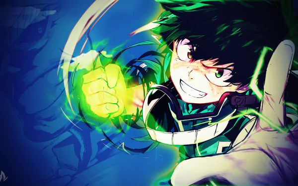 HD desktop wallpaper of Izuku Midoriya from My Hero Academia. The anime character is smiling with green eyes, two-toned green hair, and glowing power in his hand against a vibrant blue background.