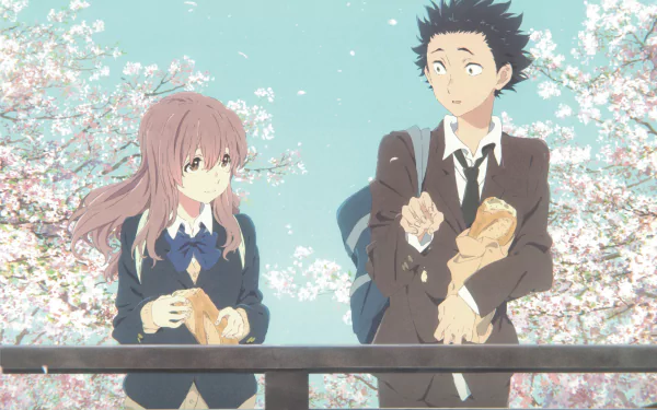 Anime characters Shouya Ishida and Shouko Nishimiya stand together, holding snacks, surrounded by cherry blossoms. This HD desktop wallpaper is inspired by the movie A Silent Voice.