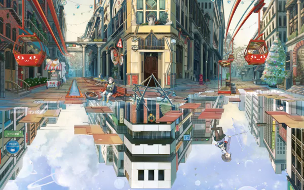 HD anime wallpaper features a cityscape with a reflecting pool. A child is sitting by the water, with buildings and suspended cable cars enhancing the urban scenery.