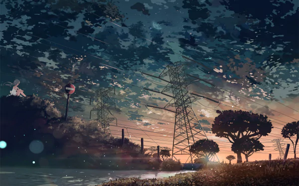 HD anime landscape wallpaper featuring a twilight scene with silhouetted trees and electrical towers, enhanced by a serene, star-speckled sky and a reflective water surface.