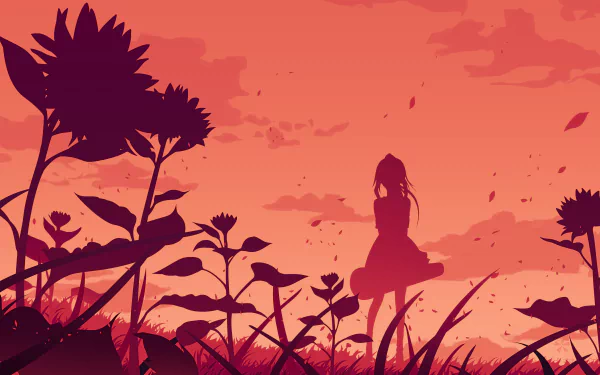 Silhouette of Kaori Miyazono from Your Lie in April against an orange sky, surrounded by flowers. This HD anime wallpaper captures a serene and poignant moment.