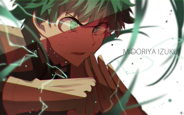 HD desktop wallpaper featuring Izuku Midoriya from the anime, My Hero Academia. Midoriya is seen in a dynamic pose with green energy effects. His name is textually displayed beside him.