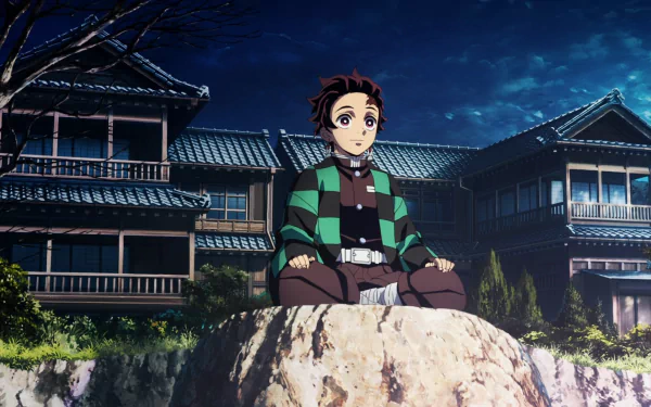 HD desktop wallpaper featuring a scene from Demon Slayer: Kimetsu no Yaiba, with a character sitting on a rock in front of a traditional Japanese house under a night sky.