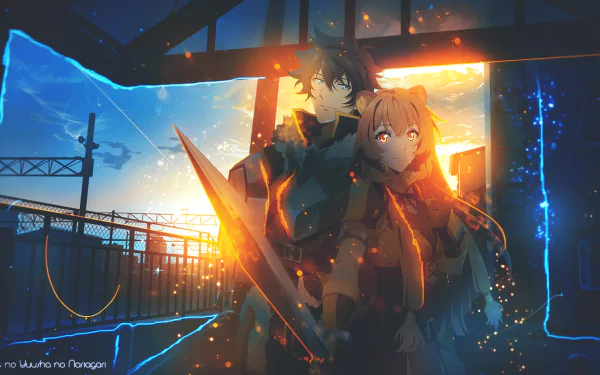 HD desktop wallpaper featuring Raphtalia and Naofumi Iwatani from the anime The Rising of the Shield Hero, standing together with a sunset backdrop, emitting a warm, glowing aura.