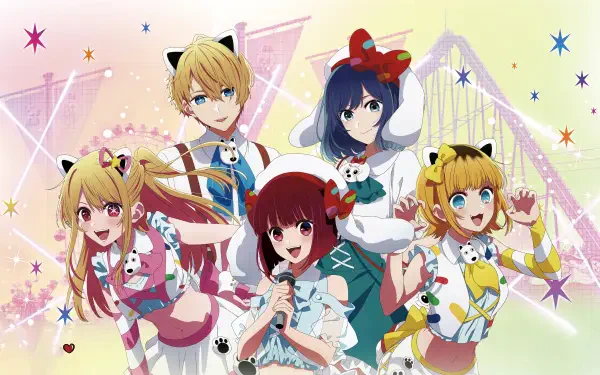 Bright and colorful 8K Ultra HD anime wallpaper featuring five cheerful characters from Oshi no Ko in vibrant outfits with a sparkling background.