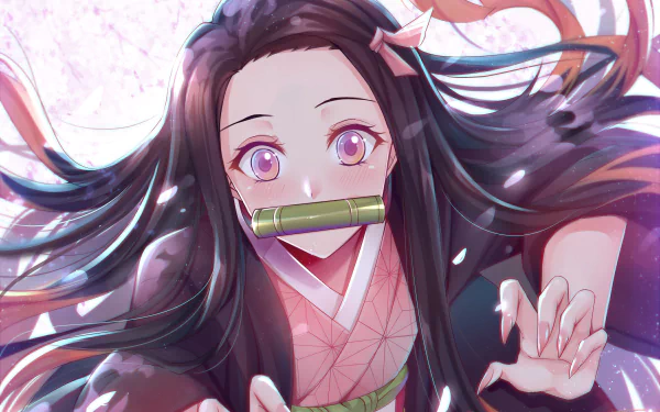 HD wallpaper featuring Nezuko Kamado from Demon Slayer: Kimetsu no Yaiba, with long dark hair, pink eyes, and a bamboo gag, set against a cherry blossom background.