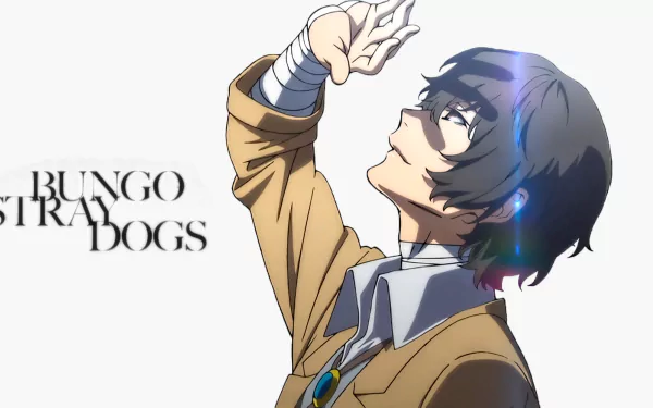 HD desktop wallpaper featuring Osamu Dazai from the anime Bungou Stray Dogs. The character is depicted with an arm raised against a light background, adding a dramatic flare to the scene.