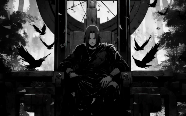 HD desktop wallpaper featuring Itachi Uchiha from Naruto, portrayed in a dark, moody anime style with crows flying around in a forested backdrop.