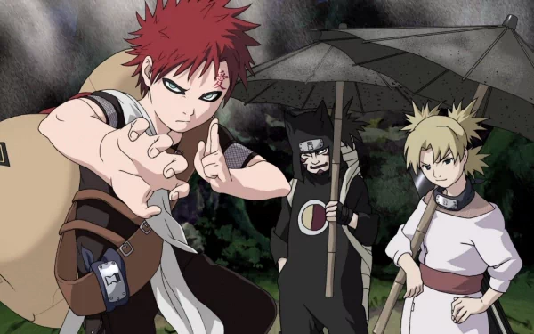 HD desktop wallpaper featuring Kankurō, Temari, and Gaara from Naruto, showcasing their iconic anime looks against a dark background.