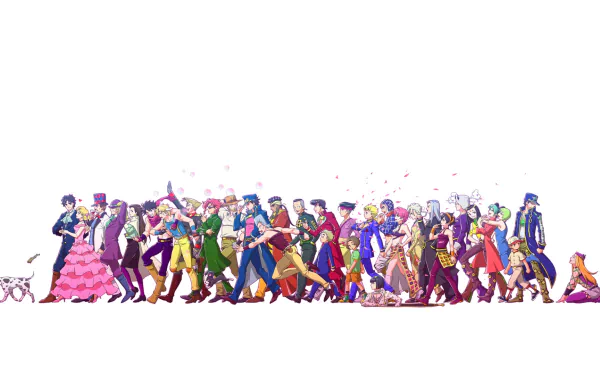 HD desktop wallpaper featuring characters from the anime Jojo's Bizarre Adventure, showcasing an array of colorful and diverse characters walking in a dynamic lineup across a white background.