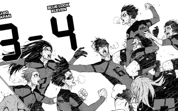 Black-and-white Blue Lock anime HD desktop wallpaper featuring characters Hyoma Chigiri, Karasu Tabito, Seishiro Nagi, Bachira Meguru, and Isagi Yoichi celebrating a 3-4 score.
