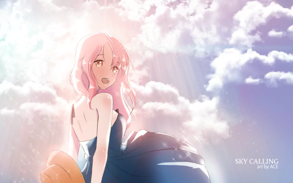 HD anime desktop wallpaper featuring a cheerful Anime-Gataris girl with pink hair against a bright sky filled with clouds and sunlight.