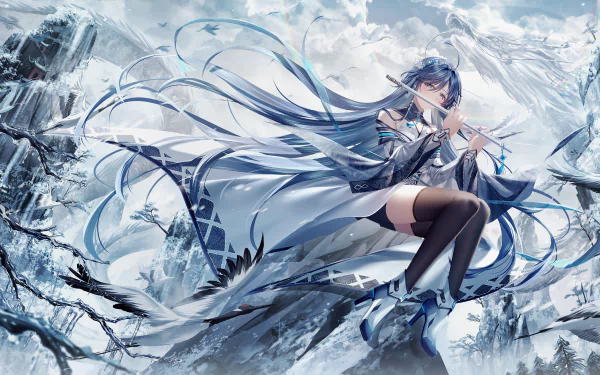 Anime girl with flowing blue hair plays a flute amidst a snowy mountainous landscape, captured in stunning 4K Ultra HD for PC desktop wallpaper and background.