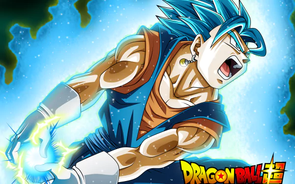 HD desktop wallpaper featuring Vegito from Dragon Ball Super, showcasing his intense power with electrifying energy, highlighted by a vibrant blue aura. Dynamic anime artwork with Dragon Ball Super branding.