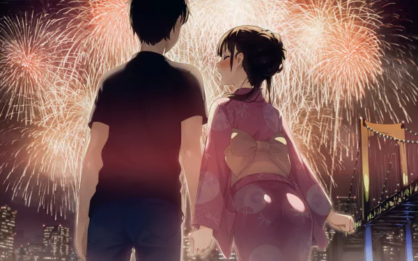 Anime wallpaper featuring a couple in traditional Japanese attire, with a girl wearing a yukata, watching a vibrant fireworks display against a cityscape backdrop. Tags: oriental, yukata, Anime, Original. HD desktop background.
