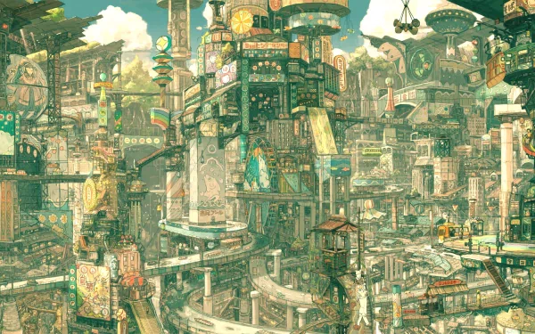 HD desktop wallpaper depicting a bustling, intricate anime cityscape with towering buildings, vibrant signs, and winding pathways.