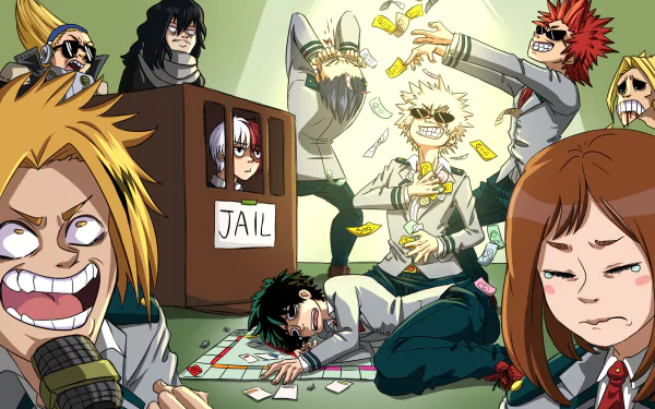 HD wallpaper of characters from My Hero Academia, featuring Eijiro Kirishima, Denki Kaminari, Ochaco Uraraka, All Might, Shoto Todoroki, Katsuki Bakugou, Tenya Iida, Shouta Aizawa, Hizashi Yamada, and Izuku Midoriya.
