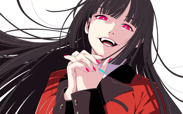 HD desktop wallpaper of Yumeko Jabami from the anime Kakegurui, featuring Yumeko with a confident smile, bright red eyes, and long flowing black hair.