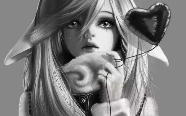 HD desktop wallpaper featuring a grayscale anime girl with a tearful expression, holding a heart-shaped balloon and wearing a fluffy scarf.